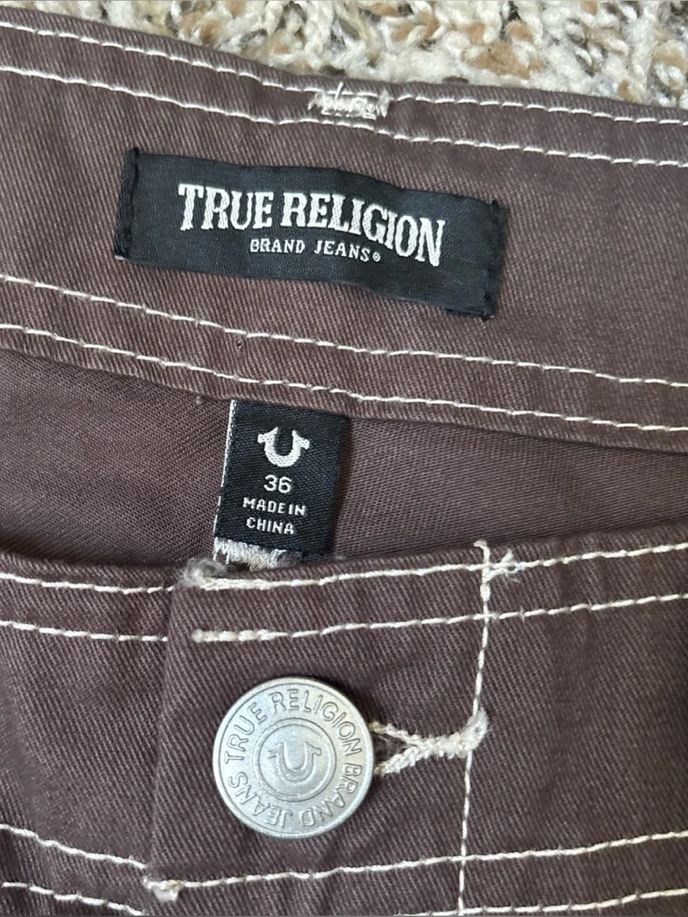 True Religion Men's Brown Cargo Pants with Contrast Stitching